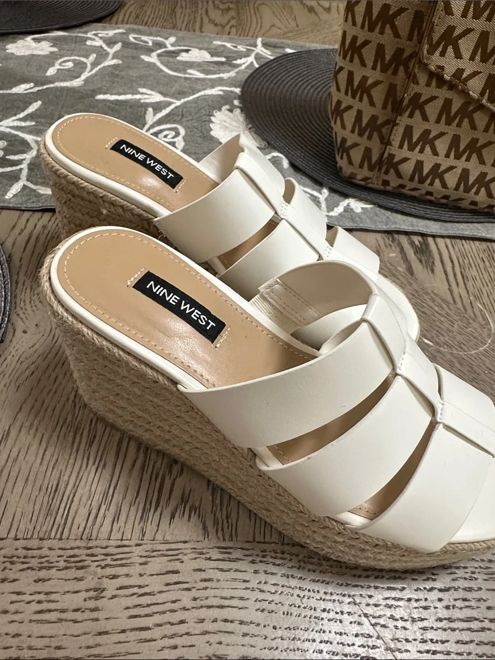 Nine West White Woven Espadrille Platform Slide Sandals